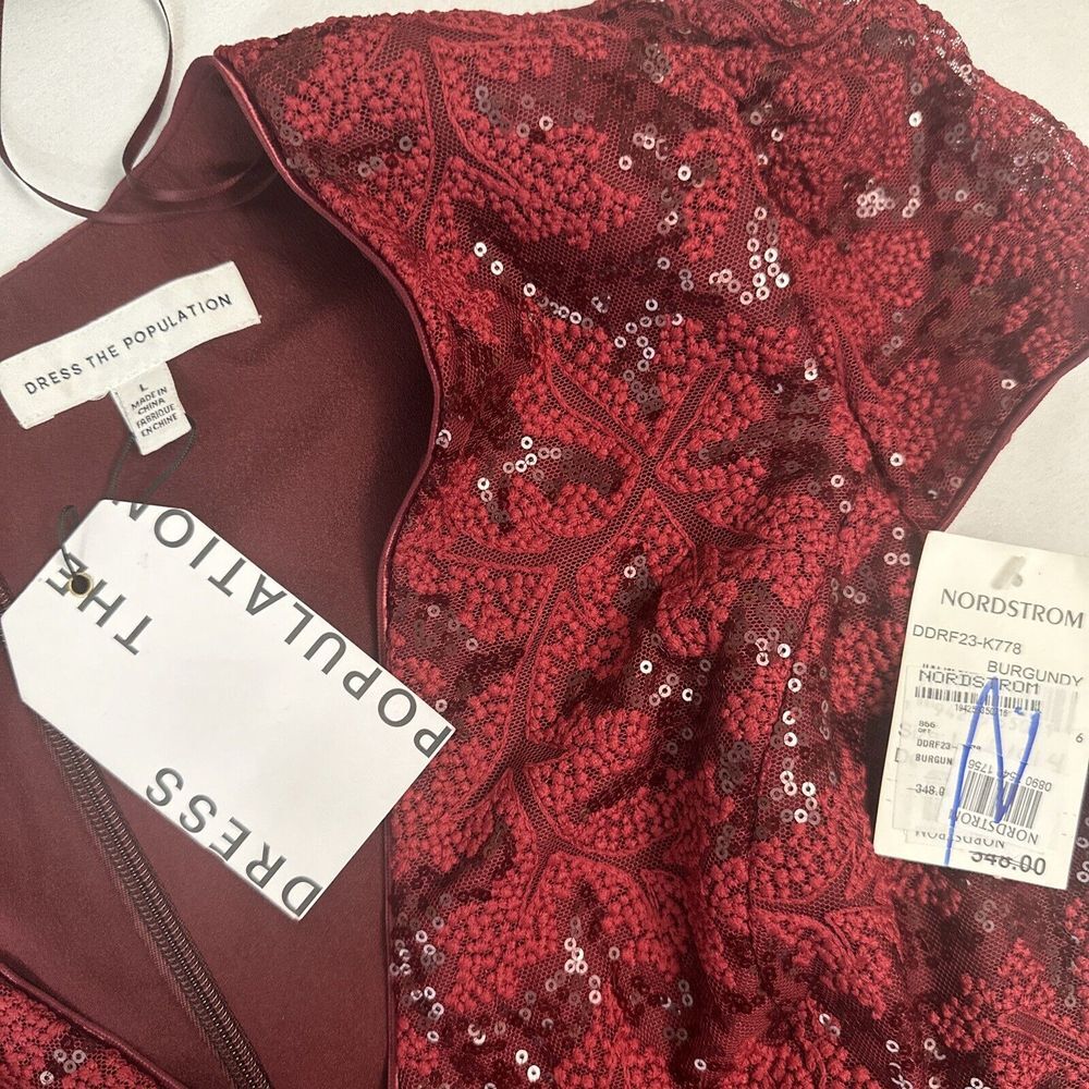 NEW $348 Dress The Population [ Large ] Magdalena Sequin Lace‎ Midi Dress Red - Picture 5 of 13